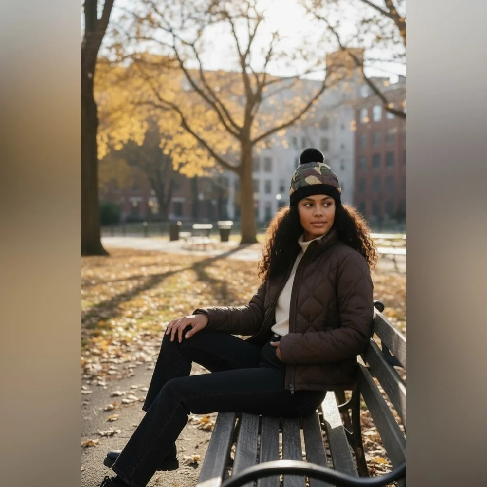 CAMO PADDED BEANIE WITH POM POM